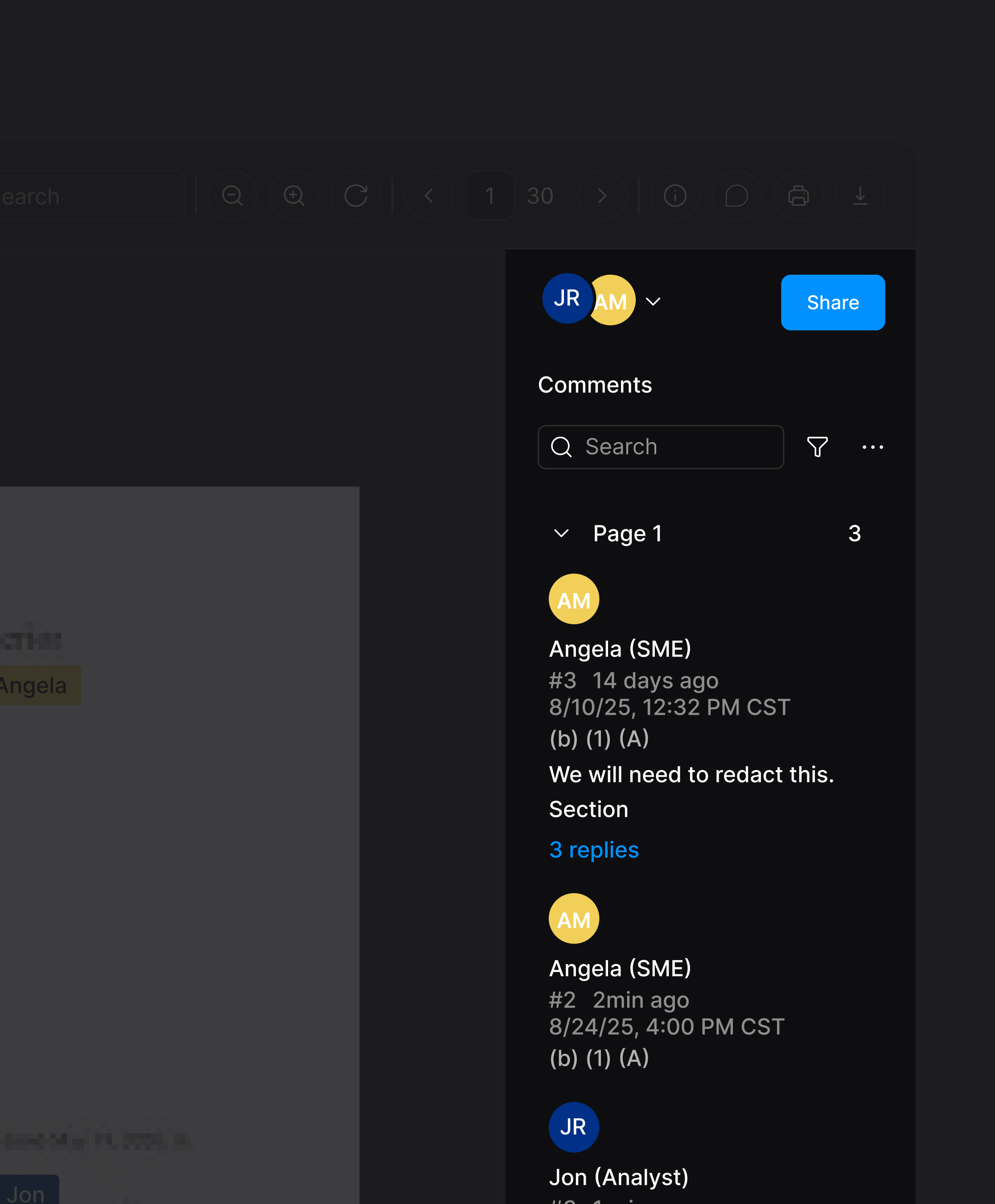 Comments and approvals on a redaction in ICM