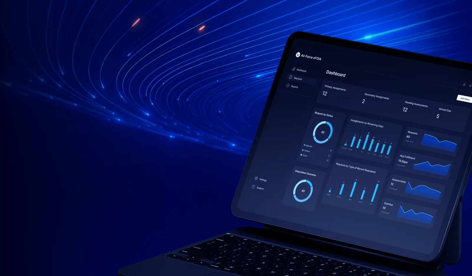 Irys Case Manager dashboard over an abstract blue background